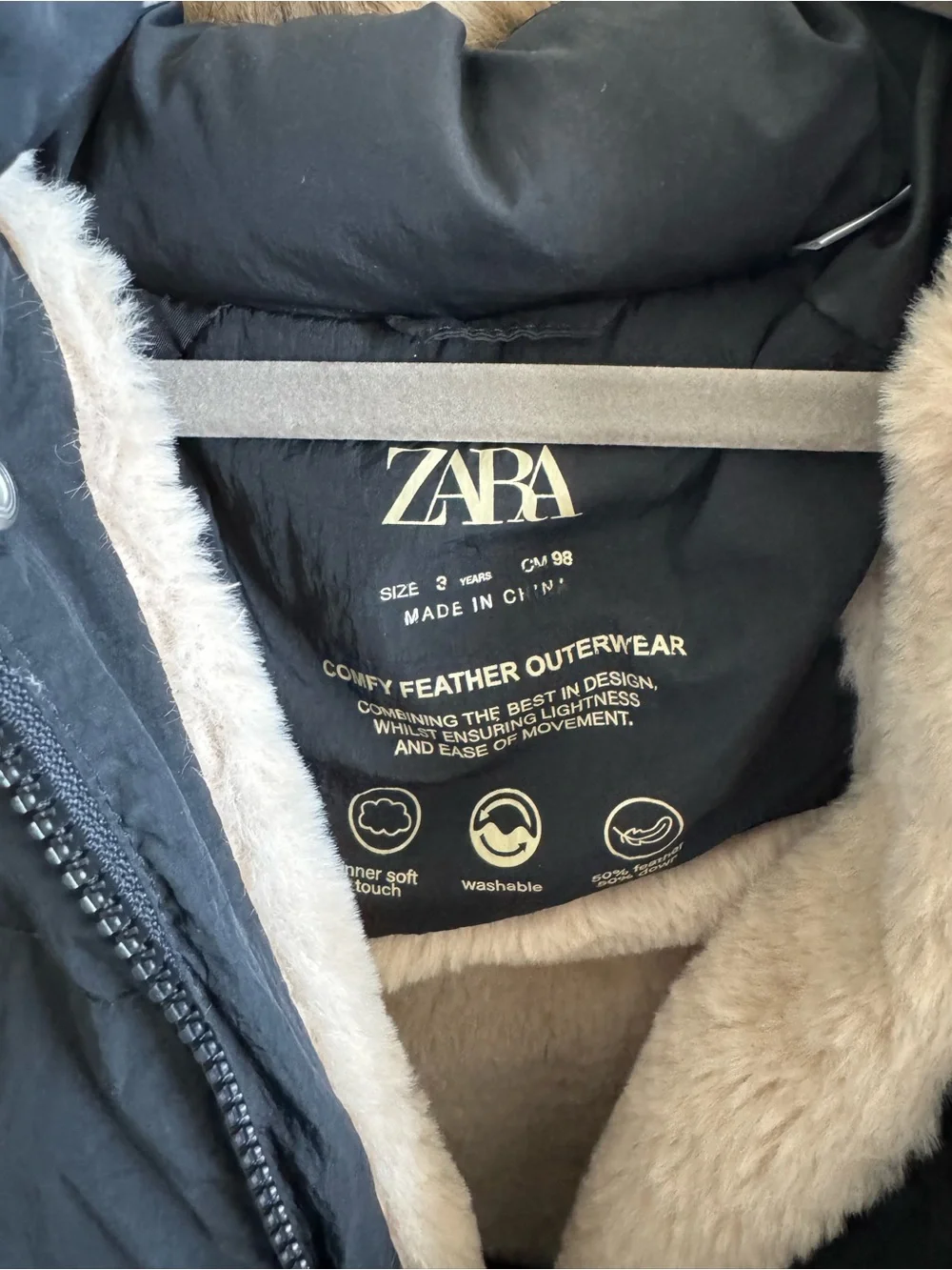 Zara Black Kids Puffer Jacket with Faux Fur Trim Hood